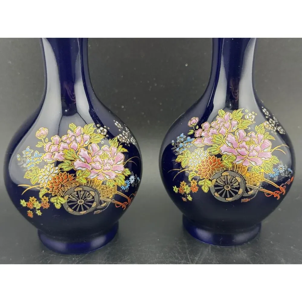 VTG Kutani Cobalt Blue Porcelain Vase, Pair